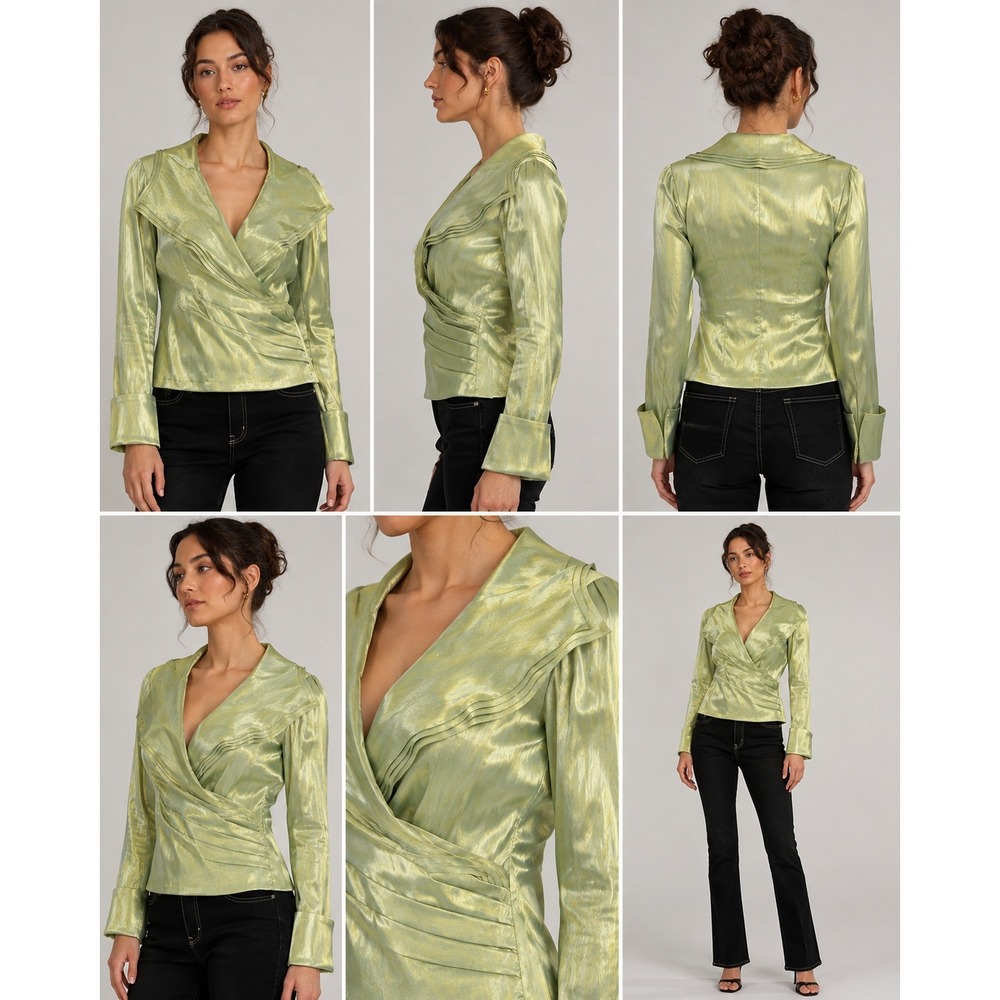 Cachet Sage Green Iridescent Wrap Blouse Portrait Collar French Cuffs Evening